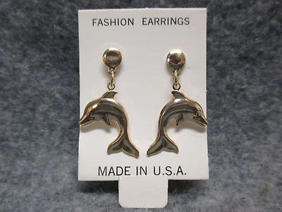 Pendientes colgantes con poste perforado de delfín saltador de moda acabado dorado NUEVO Foto 1 de 2