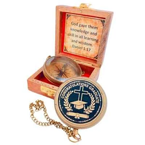 Graduation Brass Compass Gift – Vintage Nautical Pocket Compass with Quote Box - Picture 1 of 5