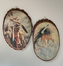 VINTAGE Wood Slab Wall Picture Set Of 2 Home Cabin Decor Native American Indian