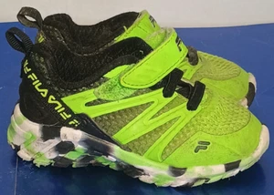 Fila Kids US 5 Neon Green Black Sneakers Camouflage Sole Hook and Loop Shoes - Picture 1 of 8