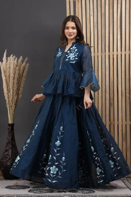 💙 Navy Blue Flared Embroidered Anarkali Set | Floral Organza Top & Skirt - Image 1 of 4