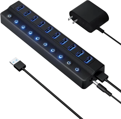 Hub USB alimentato 3.0, hub splitter USB a 10 porte con singoli interruttori on/off an - Immagine 1 di 4