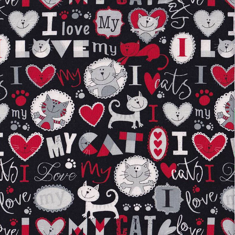 I Love My Cat Red Love Hearts on Black Kitten Quilting Fabric 1/2 Metre - image 1 of 1