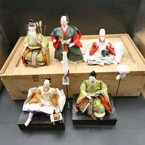 Juego de 5 figuras de muñecas Hina japonesas en caja de madera original 2 arqueros Kyudo - Imagen 1 de 19