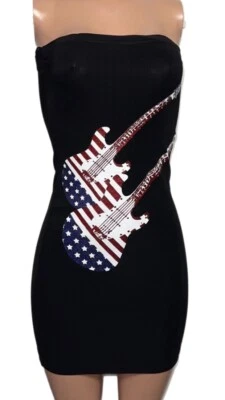 Vestido sem alças tubo elástico guitarra bandeira americana corpo preto Y2K M Y 2000 - Imagem 1 de 4