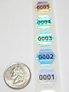 HXSN Qty 100 to 1000 Numbered Hex Silver Tamper Evident Hologram Stickers - Picture 1 of 5