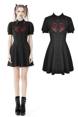 DARK IN LOVE Women Black Red Gothic Rope Heart Button Front Short Daily Dress - Image 1 of 4