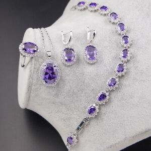 Jewelry Set 4 pcs Purple Amethyst Gems Silver Women Necklace Bracelet Earrings