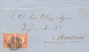 Asturias. Historia Postal. SOBRE 48(2). 1856. 4 cuartos rojo, dos sellos. RIVA - Imagen 1 de 1