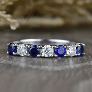 Round Blue Sapphire Diamond Eternity Engagement Band Ring 14k White Gold Finish - Picture 1 of 11