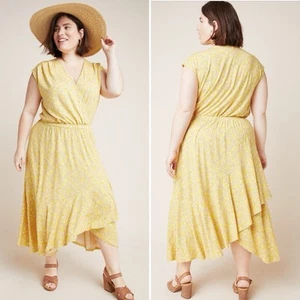 Anthropologie Maeve Fete Yellow Floral Handkerchief Hem Midi Dress Size 1X - Picture 1 of 9