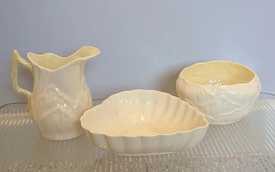 Belleek Ireland "Luster Lilly" Patrón Crema Azúcar Cuenco Corazón Plato Juego De 3 Foto 1 de 4