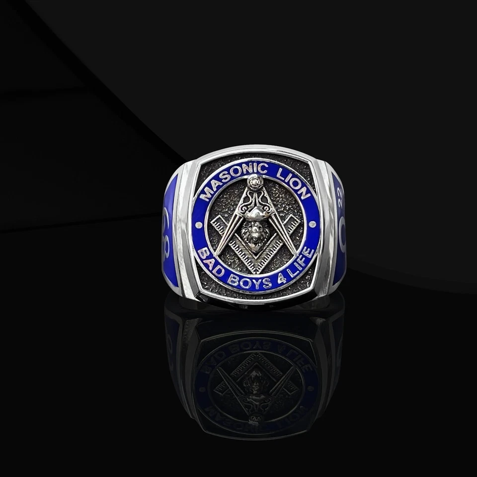 Заказное масонское кольцо с голубой эмалью и печаткой из стерлингового серебра 925 пробы беспошлинно - Изображение 1 из 4