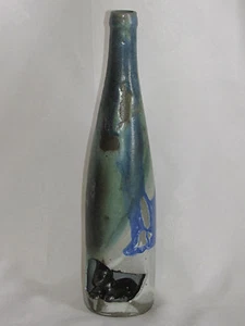 04C38 ANCIENNE BOUTEILLE DE GRÈS VERNISSE FLAMME AVEC ANIMAL CHIEN ART DU JURA - Photo 1/7