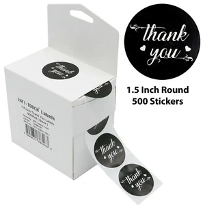 500 pegatinas redondas negras de 1,5" gracias con caja dispensadora, por Infi-Touch - Imagen 1 de 13