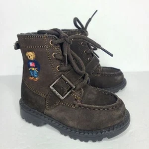 Polo Ralph Lauren Boys Leather Suede Bear Ranger Combat Hi Boots Dark Brown Sz 6 - Picture 1 of 8