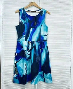 Womens Apt. 9 Watercolor Fit & Flare Blues Scuba Dress size 10 NWT - Picture 1 of 9