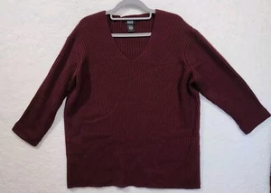 Eileen Fisher V Neck L Long Slv. Burgundy Sweater 100% Wool Knit Ribbed Long NEW - Picture 1 of 8