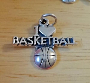 Sterling Silver 20x23mm  I Love (Heart) Basketball Charm - Picture 1 of 6