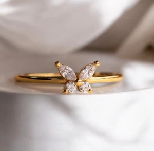 Minimal Butterfly White Moissanite Marquise Cut Proposal Ring 10k Yellow Gold - Picture 1 of 11