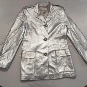 Blazer vintage Genny pelle argento Italia Versace spalle linguette tasche anteriori taglia 10 - Foto 1 di 16
