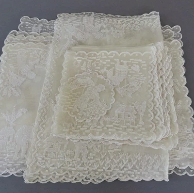 Antique 17-Pc Set PINA Ornately Hand Embroidered Placemats + Napkins + Runner - Image 1 of 4