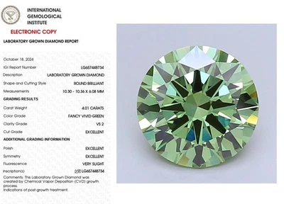 4.01 Round Lab Grown Diamond For Chirstmas Gift IGI Certify Fancy Vivid Green - Image 1 of 4