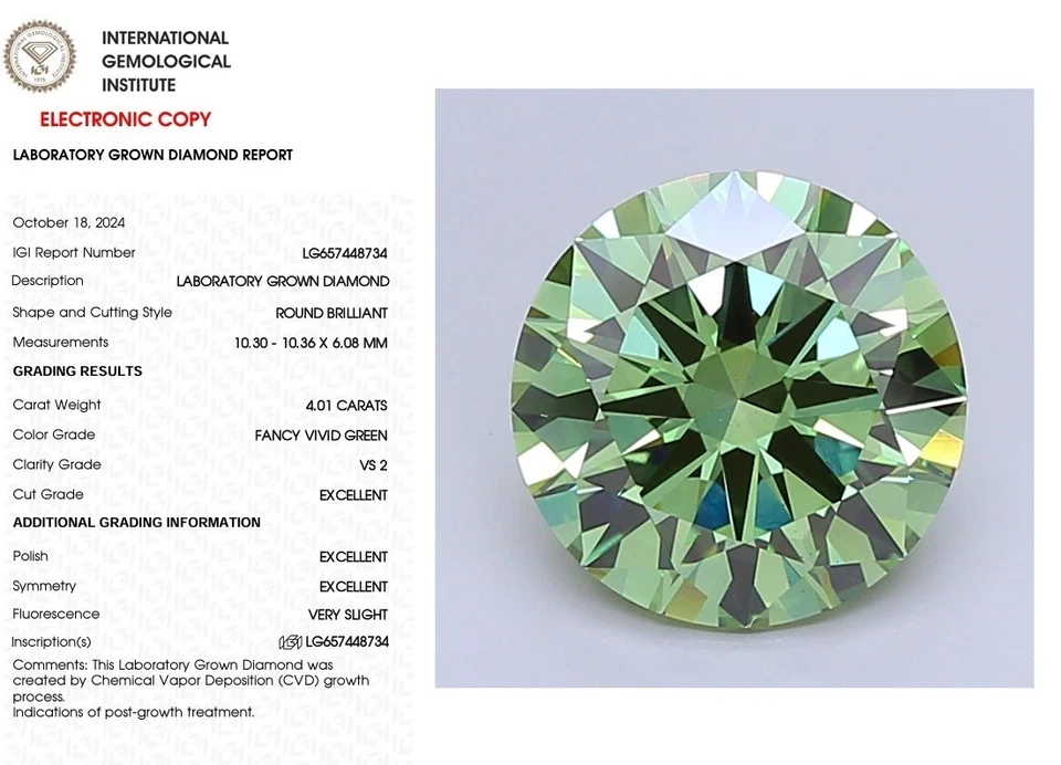 4.01 Round Lab Grown Diamond For Chirstmas Gift IGI Certify Fancy Vivid Green - Image 1 of 4