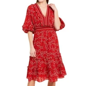 Max Studio Tiered Ruffle Midi Dress Cottage Liberty Sz Large Red Print NWT Boho - Picture 1 of 7