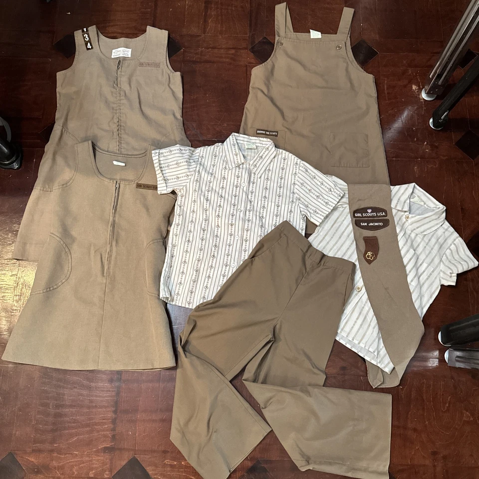 Vtg 70s Brownie Girl Scout Uniform Dress/Sash/Pants/Shirt LOT Brown Sz 6 8 10 12 - Image 1 of 4