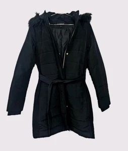 Express Cappotto Giacca Puffer Taglia M Cintura Lunga Donna Nero Bottoni Zip - Foto 1 di 20