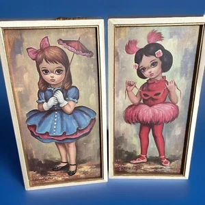 Set Of 2 VTG Kitsch Big Eyed Girl Lithograph Prints By S. Ishii 1960’s 19”x10” - Picture 1 of 12