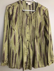 MICHAEL KORS Olive Green & Brown FEATHERS SILK Blouse  Size P/M - Picture 1 of 1