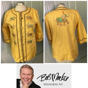Bob Mackie L gelbe Jacke Elefanten Wearable Art Neu ohne Etikett Baumwolle Stretch Fun - Bild 1 von 12