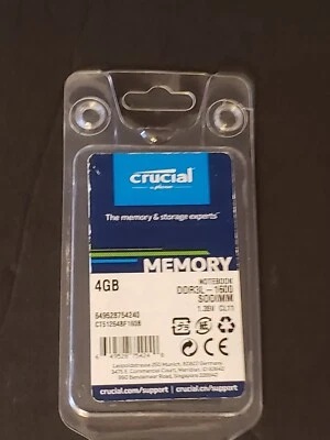Crucial 4GB DDR3L 1.35V 1600MHz 204-Pin PC3L-12800 Dual Channel SO-DIMM Memory - Image 1 of 4