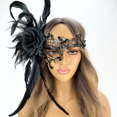 Beautiful Feather Masquerade Masks Flower in Black for Masquerade Ball - Image 1 of 4