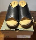 Born Nora Black Leather  Cross Band 3?Faux Wood Heels Causal Dress Sandals 9 NWT