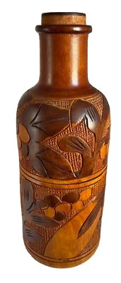 Hand Carved 2 Piece Wooden Wine Bottle Holder - Image 1 of 4