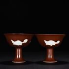 3.8" china antique ming dynasty xuande mark porcelain a pair fish high feet cup