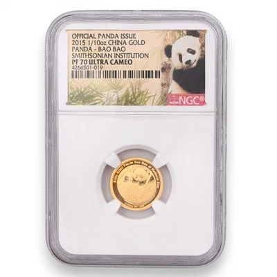 2015 SMITHSONIAN 1/10 OZ CHINA .999 GOLD PANDA BAO BAO COIN ULTRA CAMEO NGC PF70 - Image 1 of 4