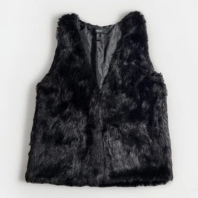Chaleco de piel sintética para mujer FOREVER 21 medio frente abierto sin mangas negro peludo Foto 1 de 4