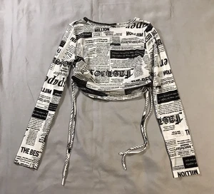 Windsor Top Womens Medium White Black Long Sleeve Newspaper Print Sheer - Picture 1 of 11