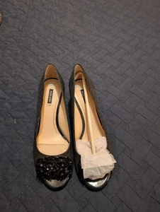 New Alex Marie Black Sparkly Wedge Peep Toes Sandals With Beadwork 8.5M - Picture 1 of 8