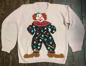 vtg 80s pink acrylic oversized fun CLOWN Cute multicoloured sweater jumper M L - Picture 1 of 11