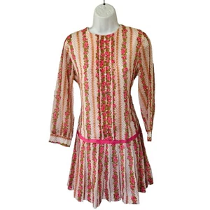 Abito vintage anni 60 mod vita bassa rosa arancio rose a pois plissettato chiffon S - Foto 1 di 16