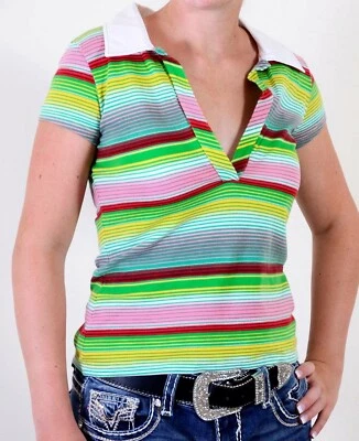 NUEVO CON ETIQUETAS CAMISETA MISS SIXTY FELIPA CUELLO EN V PROFUNDO RAYAS VERDE BRILLANTE HECHA EN ITALIA PEQUEÑA Foto 1 de 3