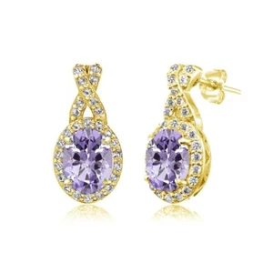 Yellow Gold Flashed Sterling Silver Amethyst & White Topaz Oval X Drop Earrings - Picture 1 of 3