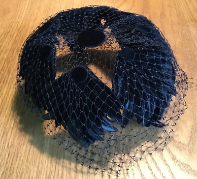 vintage 50s 60s Black Velvet Hat W Netting Vail Covers Eyes Feather Look - Image 1 of 4