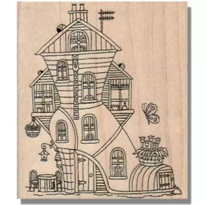 Sello de goma de madera, anciana dama vivía en una casa de zapatos casa edificio ventana mariposa - Imagen 1 de 2