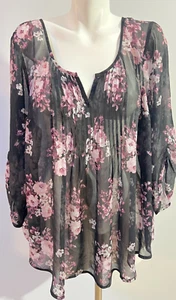 Torrid Women Chiffon Pintuck Blouse Black Pink Floral 2 2X Sheer - Picture 1 of 7